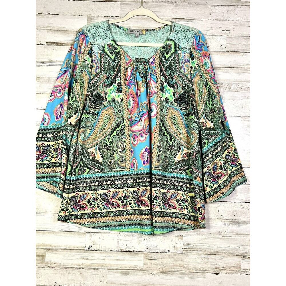 Figueroa Flower Womens Top Large Multicolor Chiffon Blouse Sheer Boho 3/4 Sleeve